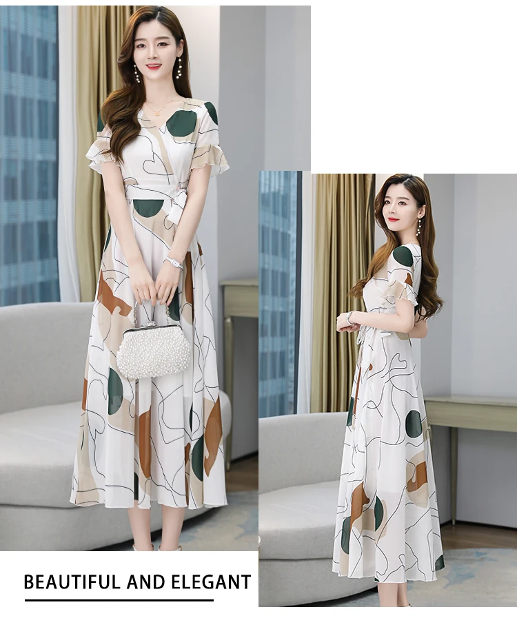 Women Summer 2021 White Chiffon Dress Casual Robe Vestito Floreale Midi Tunics Boheme Short Sleeve V-Neck Plus Size Dresses