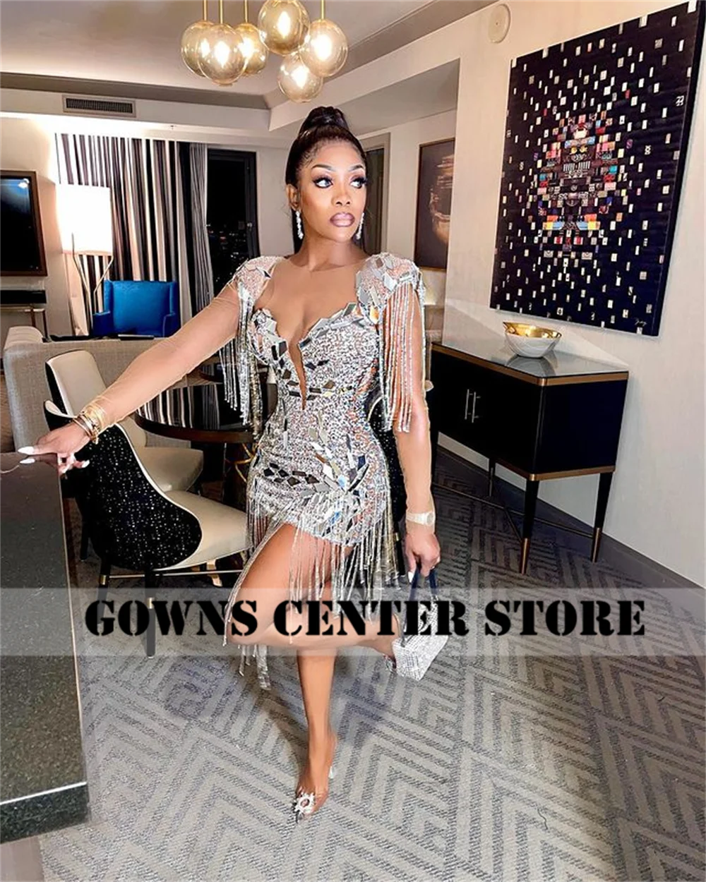 Silver Celebrity Prom Dresses For Black Girls Long Sleeve Crystal Tassels Birthday Party Dress Mini Cocktail Gown African robe