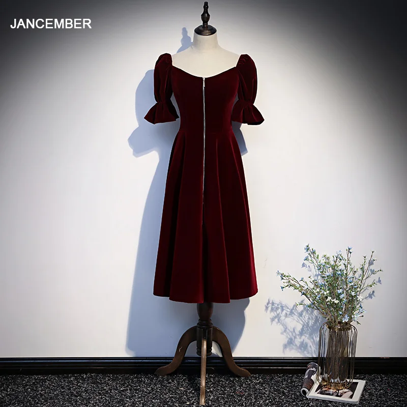 

JANCEMBER WLN20082 Slim Noble Wine Red A-Line Half Sleeves Square Collar Velour Evening Prom Dresses 2020 sukienki koktajlowe