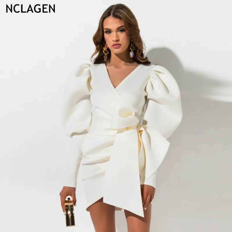 

NCLAGEN Elegant V Neck Bow Bandage Mini Dress 2019 Autumn Long Puff Sleeve Candy Color Office Lady Outwear Party Club Outfits