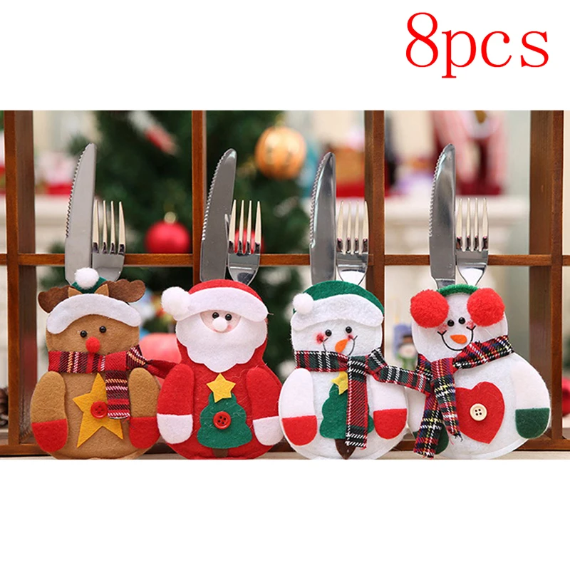 8pcs Christmas Decorations Snowman Tableware Holder bag Fork Knife Cover Pocket