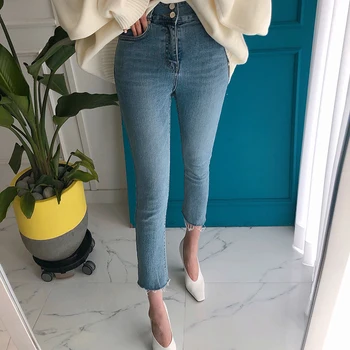 

Women's Simple and Versatile High Waist Two-button Slim-fit Jeans