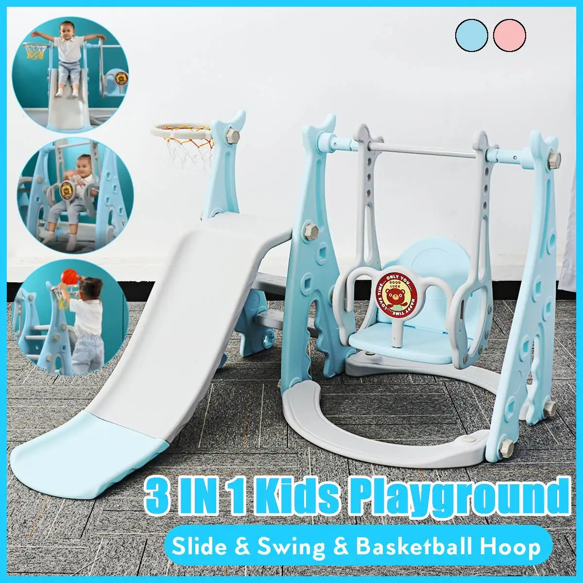 3 en 1 enfants panneau coulissant balançoire maison enfants aire de jeux en plastique toboggan basket-ball jouet ensemble intérieur maternelle balançoire pour enfant