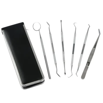 

6pcs/pack Stainless Steel Dental Tool Dentist Teeth Clean Hygiene Explorer Probe Hook Pick Scaler Mirror Tweezers Leather Case