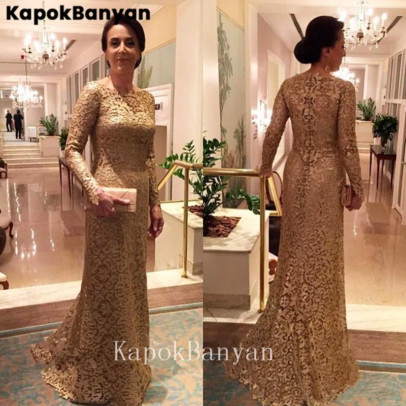 

Женское длинное вечернее платье, золотистое кружевное платье с длинным рукавом и глубоким вырезом, на молнии, со шлейфом «русалка», платье для матери невесты