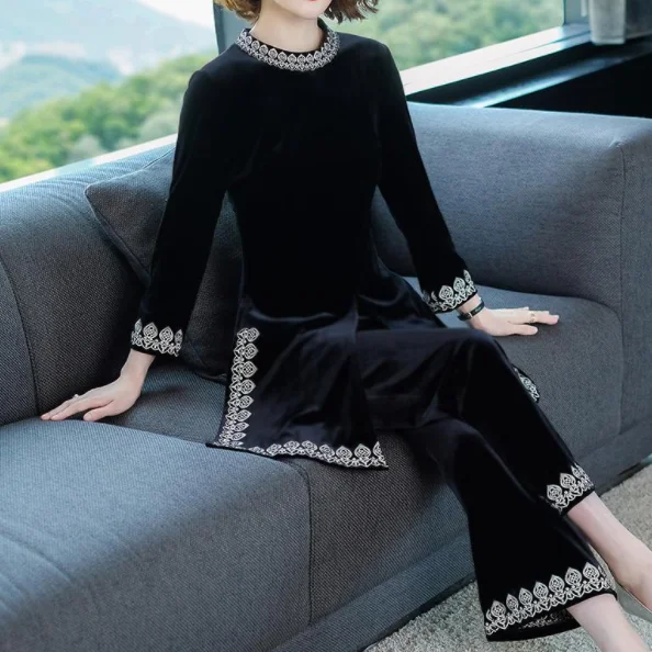 Золотой бархатный Модный летний женский костюм Conjunto Feminino Femme Deux, широкие штаны, комплект из двух предметов, Женский костюм DG310