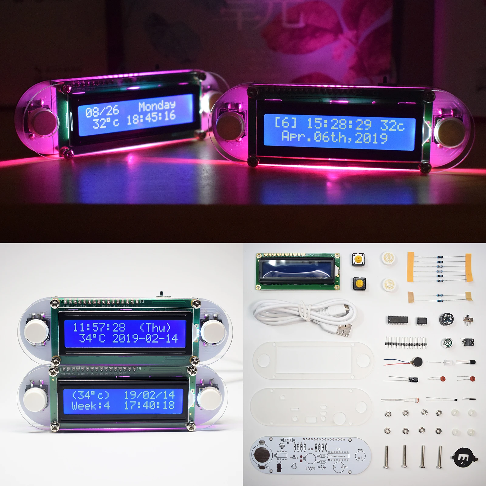 Candlelight Effect 1602 Lcd Vibration Alarm Diy Clock Kit Time