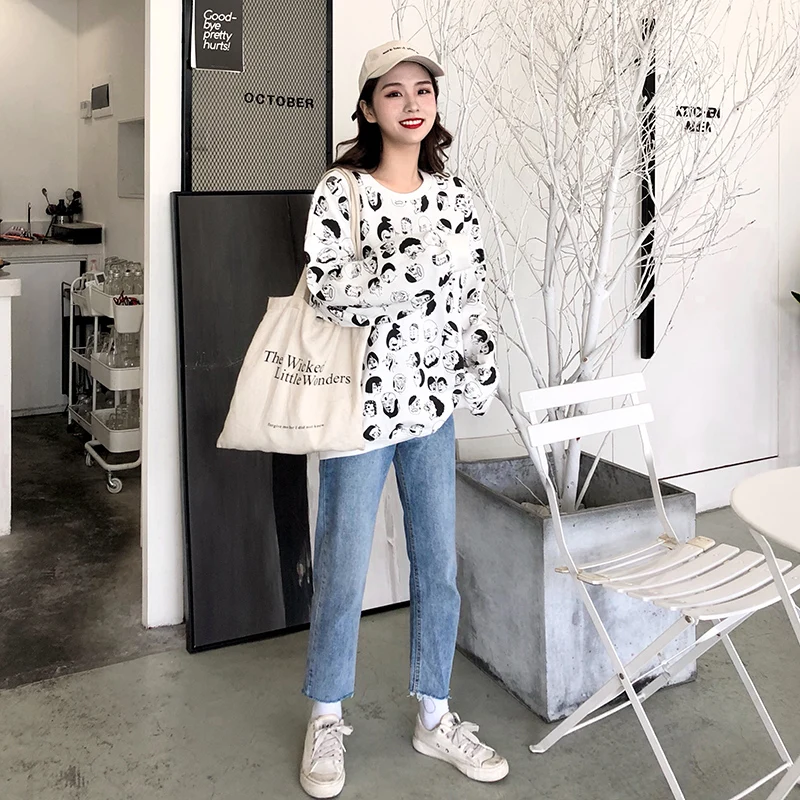 Комплект из двух частей с принтом толстовки Для женщин веселое Harajuku с длинными рукавами с мультяшными персонажами, свитер с капюшоном из хлопка и свободные утепленные пуловеры Kpop зимнее пальто V593