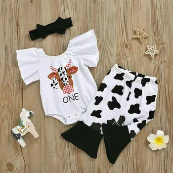 

pudcoco Summer Newborn Toddler Baby Girl Set Ruffles Letter Printed Bodysuit Flared Pants Outfit Cow Costume