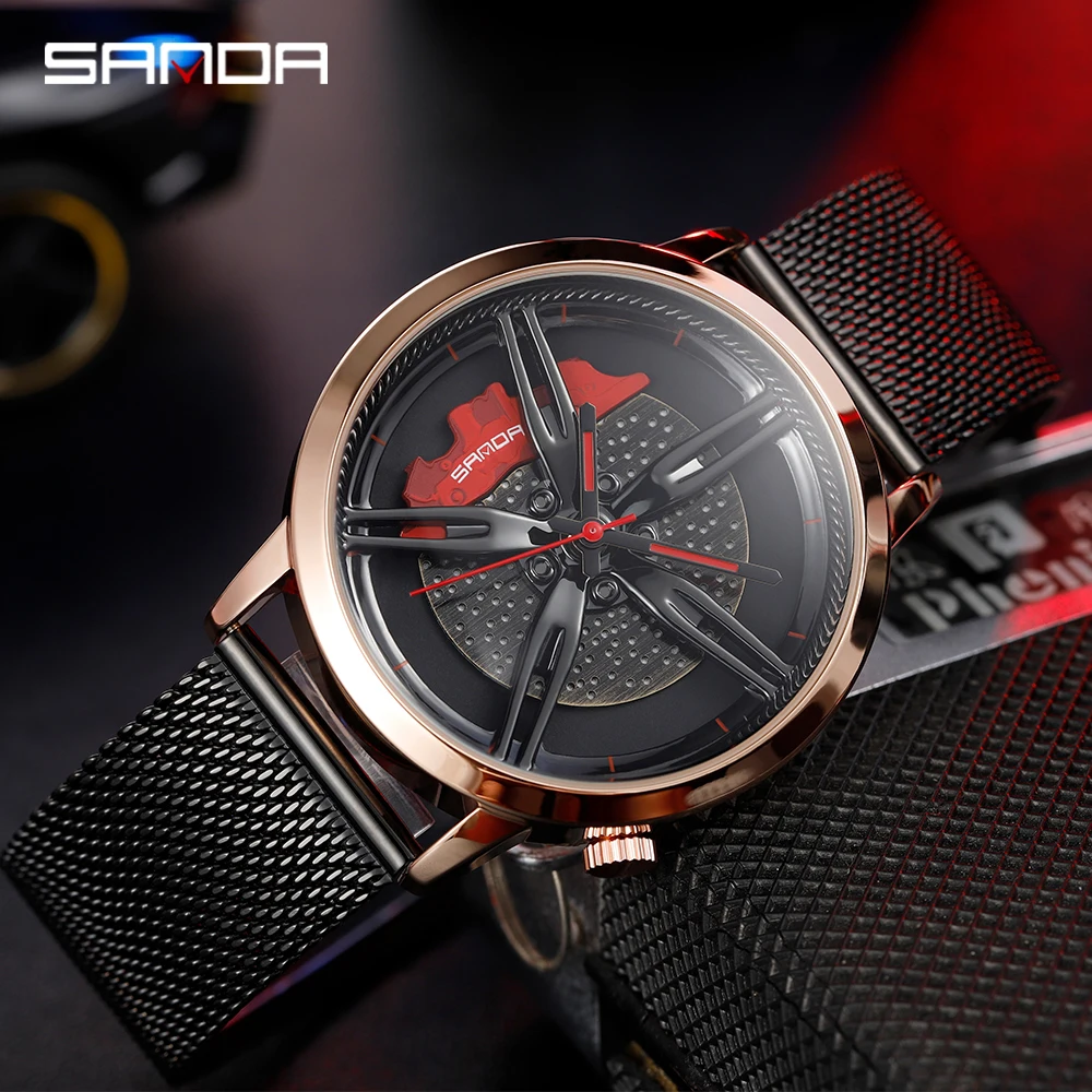 Часы SANDA Мужские кварцевые с колесами из нержавеющей стали модные классические в