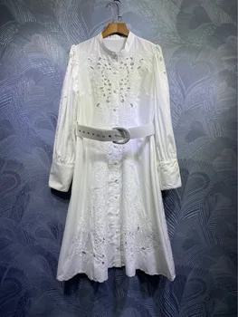 

embroidery hollow out elegant white dress runway summer fall women belt stand collar long sleeve single breasted dresses y327