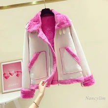 Pink Suede Coat Women 2021 New Winter Clothes Korean Style Elegant Plush Velvet Imitation Leather Thick Warm Motorcycle Jackets