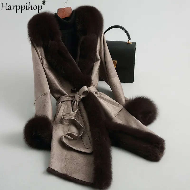 Меховое кожаное пальто из кроличьего меха, Женское пальто с воротником из лисьего меха, тонкое пальто с длинными рукавами, женское меховое пальто - Цвет: brown