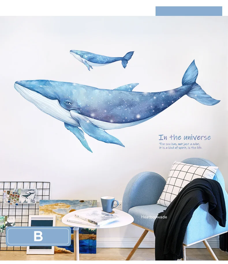 Cartoon Coral Whale Wall Sticker for Kids rooms Nursery Wall Decor Vinyl Tile stickers Waterproof Home Decor Wall Decals Murals
