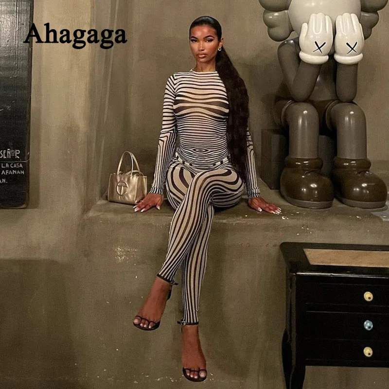 2023 Autumn Mesh Zebra Striped Sets Women 2 Piece Suit T-shirt + Long Pants See-through Sexy Co-ord Set Female Tracksuit Costume