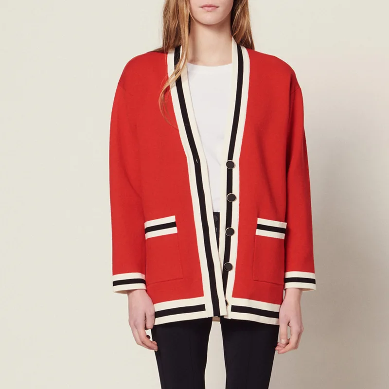 

The New V-neck Contrast Fall Shoulder Red Sweater 2019 Temperament Long Sleeve Color Matching Knitted V-Neck Women Sweater