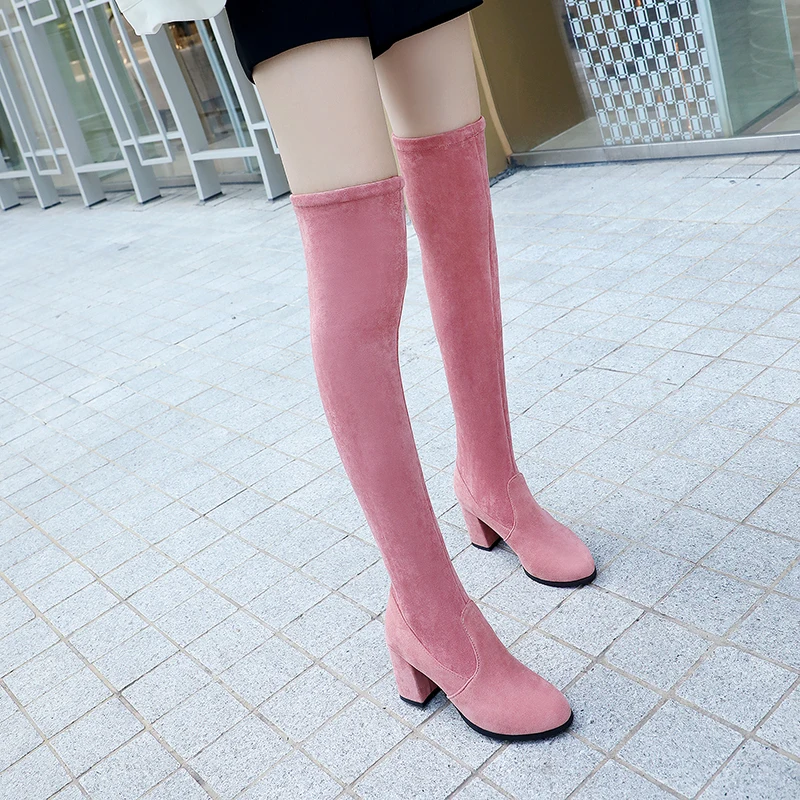 Женские сапоги выше колена женская обувь на высоком квадратном каблуке зимние универсальные пикантные женские сапоги на платформе размеры 34-43 - Цвет: Розовый