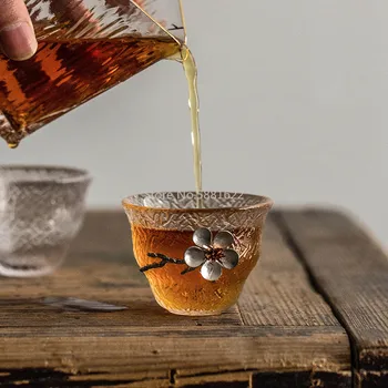 

Japanese Glass Cup Tin Plum Blossom Water Cup Flower Kung Fu Office Tea Set Drinking Glass Transparent Heat-resistant Tea Cup