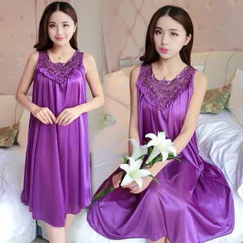 

Women Fashioin Sleeveless New Summer Satin Silk Robe Night Dress Lace Patchwork Nightwear Sexy Sleepwear Nightgown