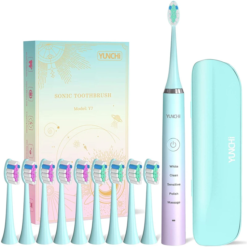 YUNCHI Sonic Electric Toothbrush 5 Modes USB Rechargeable 2Min Timer IPX7 Soft Bristles Tooth Oral Clean Replacement Brush Heads