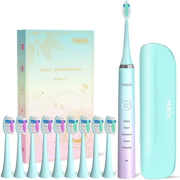 YUNCHI 음파 전동 칫솔, USB 충전식, 2 분 타이머, IPX7 소프트 강모, 치아 구강 청결 교체 브러시 헤드, 5 가지 모드