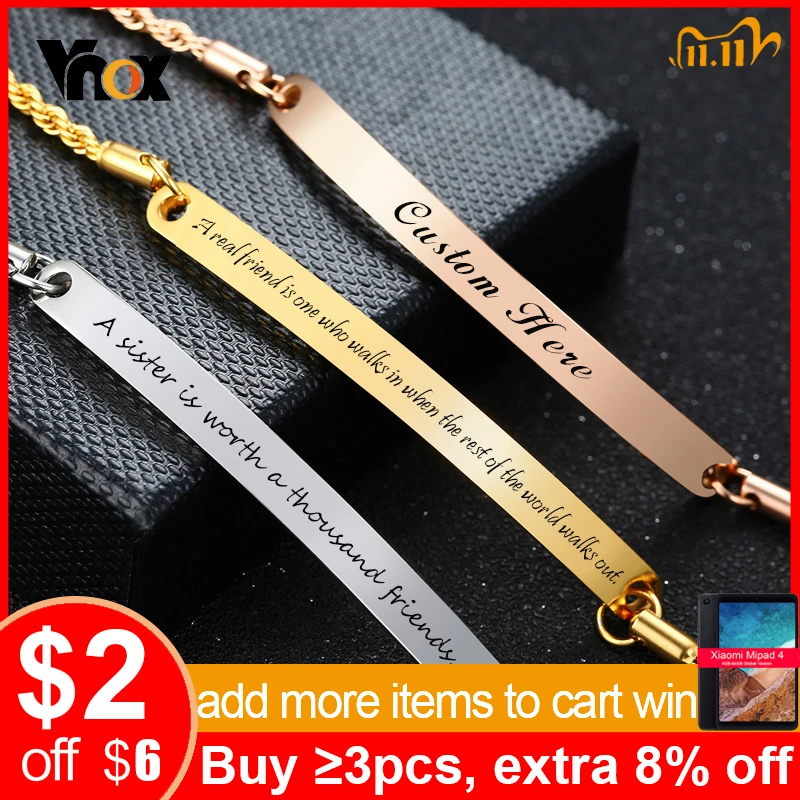 Vnox Customize Best Friends Sisters Quotes Bangle for Women Stainless Steel Link Chain with Heart Charm Personalized BFF Gift afbeelding
