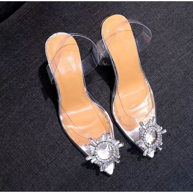 Женские летние босоножки; прозрачная обувь с кристаллами; женская обувь с острым носком на высоком каблуке; модная женская обувь без застежки