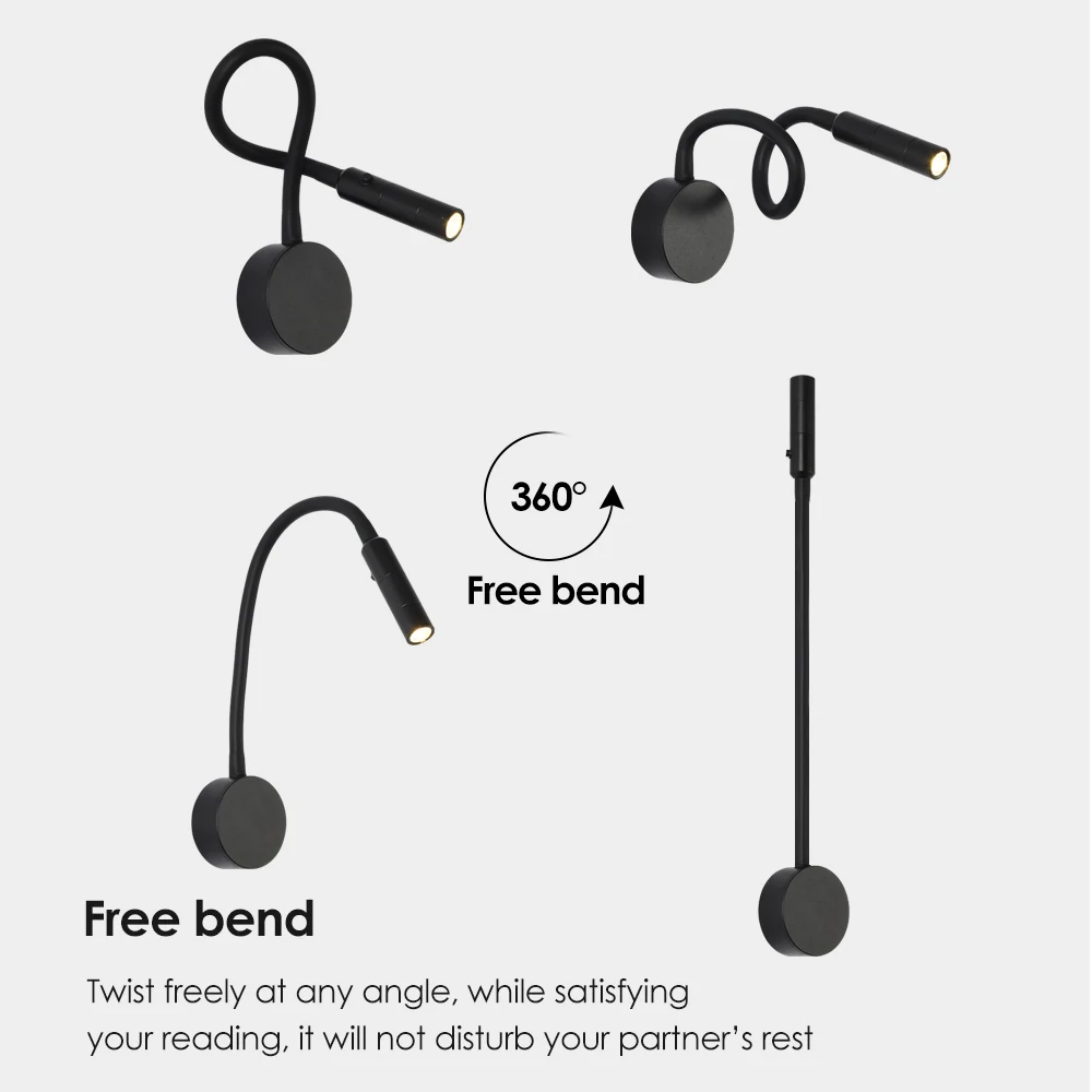 Modern Minimalist Bedside Reading Lamp LED Flexible Wall Night Sconces for Bedroom Study Hose Mounted Switch Rotatable Lighting