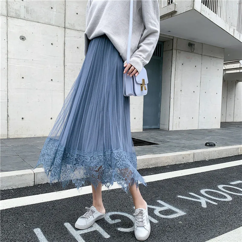 

Mesh Velvet Midi Skirts Women Autumn Winter High Waist Pleated Lace Skirts Ladies lady Plus Size Wear on both sides Skirt