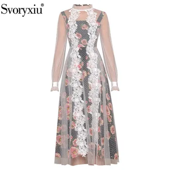 

Svoryixu Designer Elegant Summer Dress Women's Mesh Transparent Long Sleeve Patchwork Print Embroidery Applique Fashion Dresses