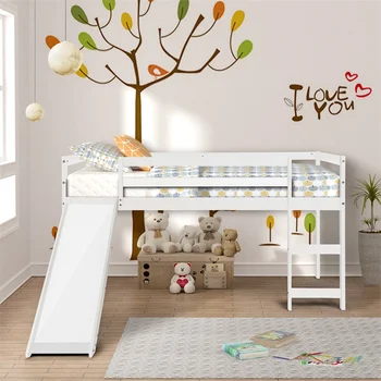 

Twin Loft Bed with Slide Bunk Bed Solid Wood Large Slanted Ladder for Kids Children Bedroom Furniture Kids White/Gray/Espresso