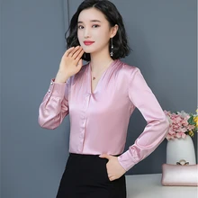 Korean Fashion Silk Women Blouses Solid Long Sleeve Pink Women Shirts Plus Size XXXL/4XL Blusas Femininas Elegante Ladies Tops