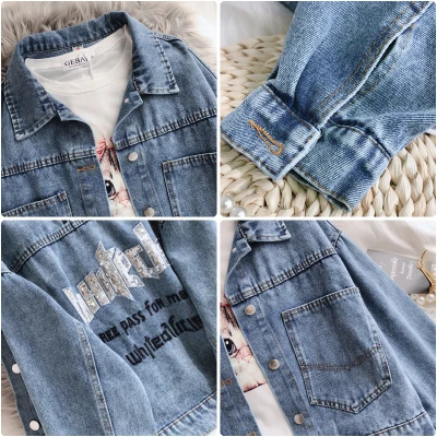 Guilantu Embroidery Sequin Vintage Denim Jacket Women Turn-down Collar Batwing Sleeve Casual Loose Streetwear Jenas Coat Female