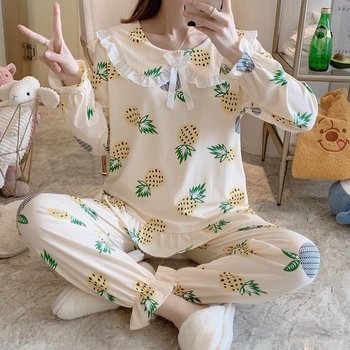 

Pajama girl spring autumn milk striped double long lace baby collar sweet home wear set