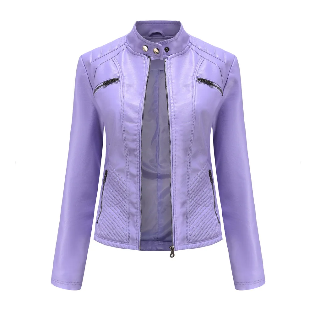 2023 New Women's Casual Leather Jacket Stand Collar Jacket European And American Slim Fit  Spring And Autumn Solid Color