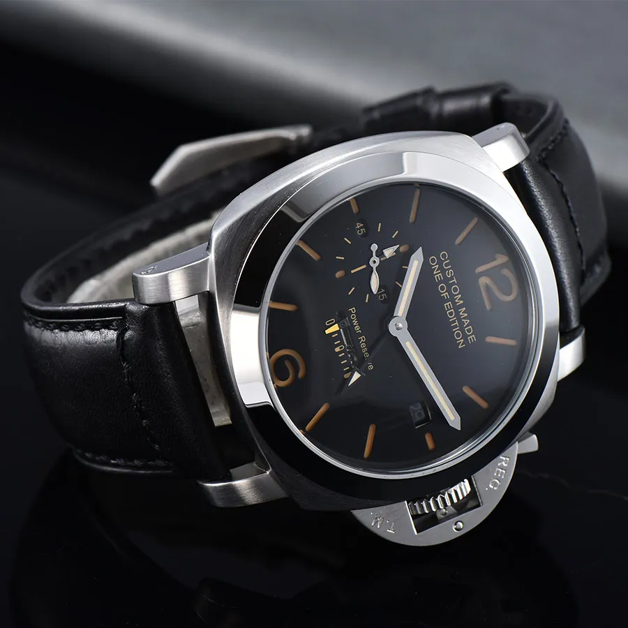44mm Watch Men Power reserve Automatic Mechanical GMT Leather Strap Case luminous Sports military watch men P-01