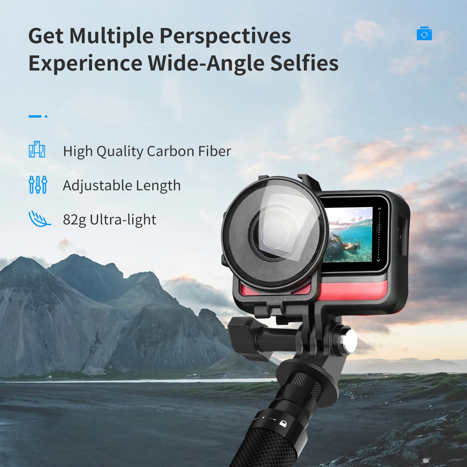 TELESIN 116cm Carbon Fiber Monopod Selfie Stick Extendable With 1/4 Screw For GoPro Hero 10 9 8 7 6 Insta360 Osmo Action Camera selfie stick,sports camera selfie stick