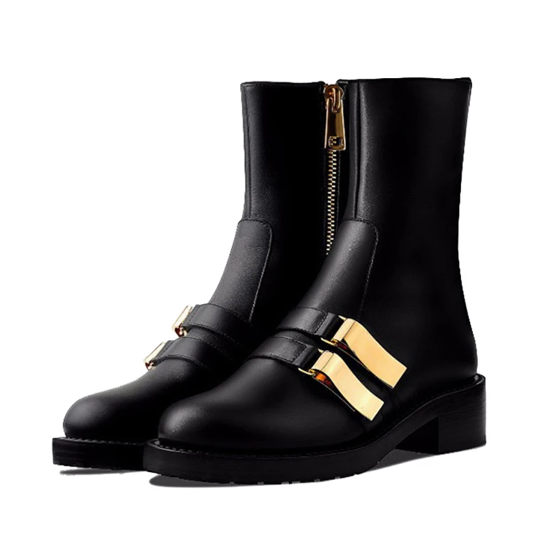 

Black Ankle Boots For Women Leather Booties Buckle Straps Thick Low Heel Motorcycle Winter Shoes Metal Decorated Botas Feminina