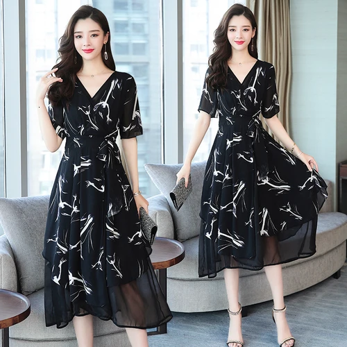 

Spring Korean Version Fashion Chiffon Black Women Dress 2019 New Style Summer Short Sleeve Elegant Temperament Female Dresses
