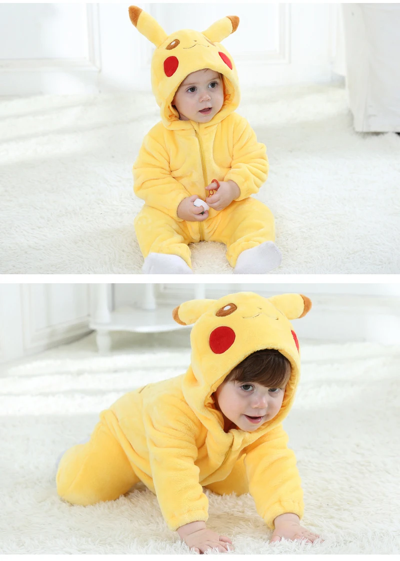 Hot Kawaii Baby Winter Yellow Pajamas Long Sleeve Cute Anime Rompers Hooded For Boys Girls Fantasia Warm Cotton Jumpsuit Clothes cute baby bodysuits