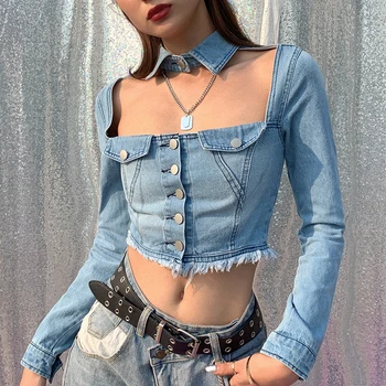 

Women Crop Denim Blouse Raw Cut Hollow Out Sexy Jeans Shirt Tops