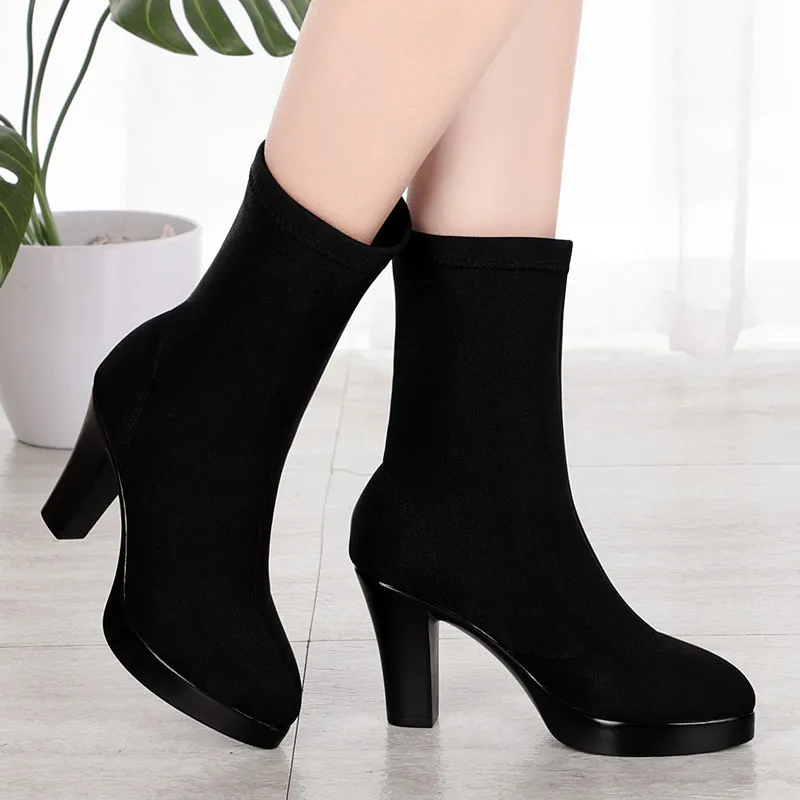 

Spring And Autumn New Style Short Boots Elasticity Stovepipe Boots Pointed High Heels Catwalks Shoes Winter plus Velvet Martin B