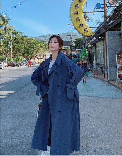 Повседневный шикарный корейский Новое поступление клетчатый Тренч женское элегантное розовое однотонное Свободное пальто с поясом и карманами - Цвет: blue