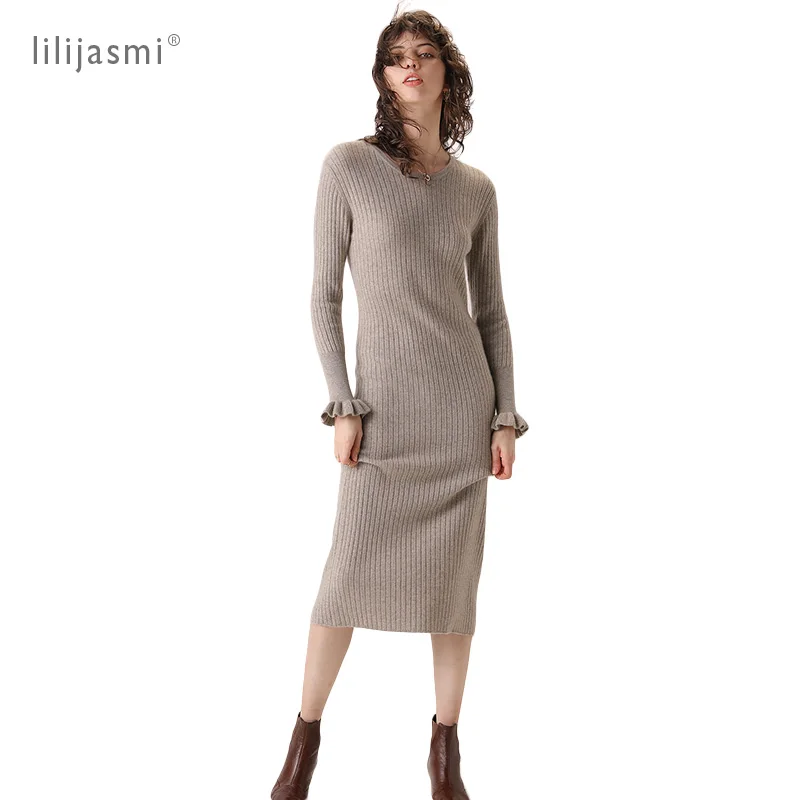 

2019 Women 100% Cashmere O-neck Knit Long Dress Allover Ribbed Winter Dress Flare Sleeve Straight Soft Long Knitwear Sweaters