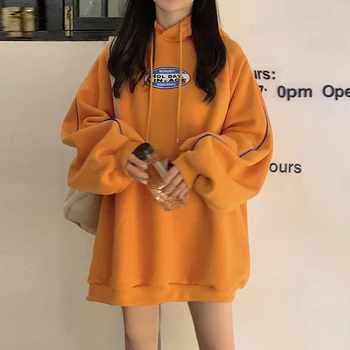 

2020 autumn and winter long section of printing new Korean students loose hooded wind jacket letter female plus velvet