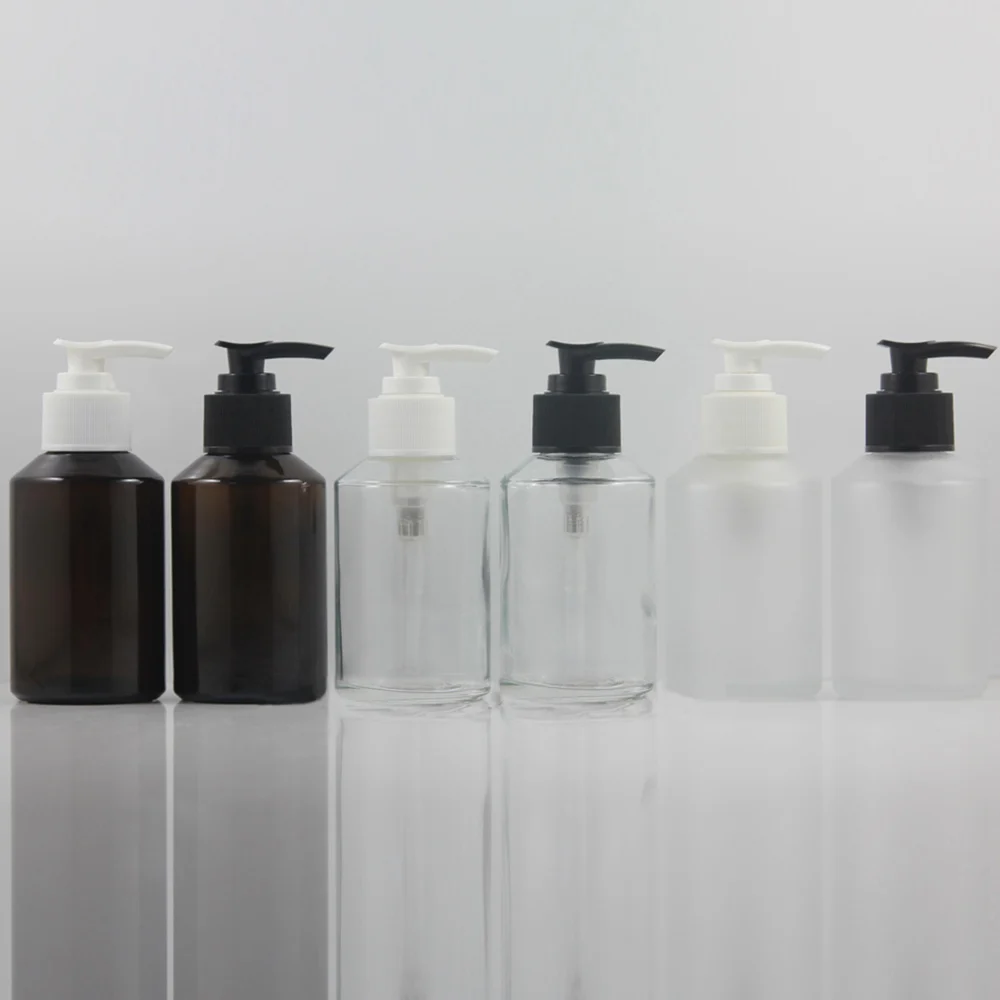 

glass bottle with pump shampoo bottle for family 125ml amber/cleat/frosted with long pump