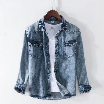 

Men's Denim Shirt Long Sleeve Blue Vintage Spring Casual Male Turn-down Collar Shirts Slim Fit Tops Y2409