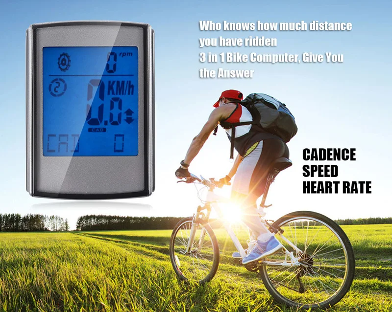 2 Wireless Bicycle Computer Bike Odometer Speedometer LCD Display 3 in 1 Cycling Computer Speed Cadence Heart Rate Monitor Sensor