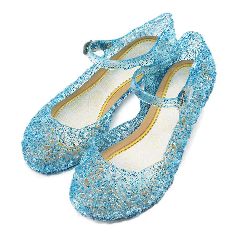 Blue Sandals Детские сандалии для девочек; детская обувь из мягкой кожи с украшением в виде кристаллов; Карнавальный костюм для девочек; вечерние туфли Золушки и Эльзы; платье принцессы - Цвет: Blue Sandals
