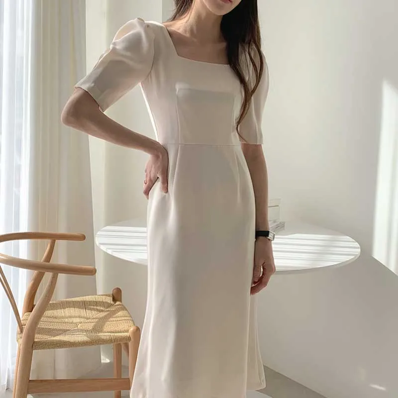 2020 Summer New Elegant Slim Waist Split Bodycon Party Dress Sexy Square Collar Puff Sleeve Women Dress Female A-Line Vestidos